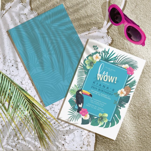 Watercolor Tropical w/Toucan LuWOW! Teal ID577 Invitation (Front/Back In Situ)