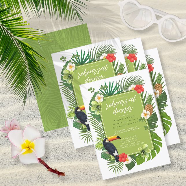 Watercolor Tropical w/Toucan Rehearsal Green ID577 Invitation (Front/Back In Situ)