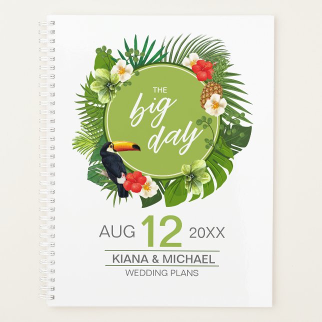 Watercolor Tropical w/Toucan Wedding Green ID577 Planner (Front)