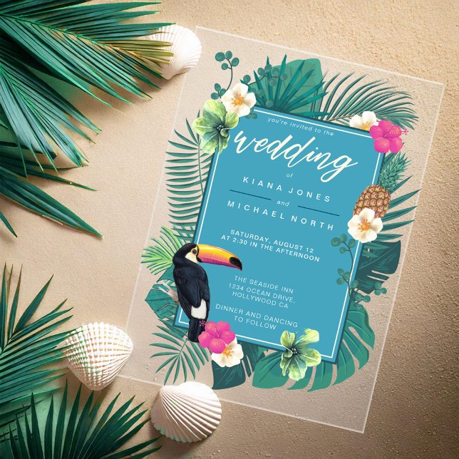 Watercolor Tropical w/Toucan Wedding Teal ID577 Acrylic Invitations (Creator Uploaded)