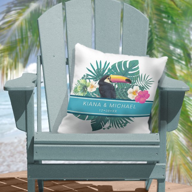 Watercolor Tropical w/Toucan Wedding Teal ID577 Throw Pillow (Creator Uploaded)