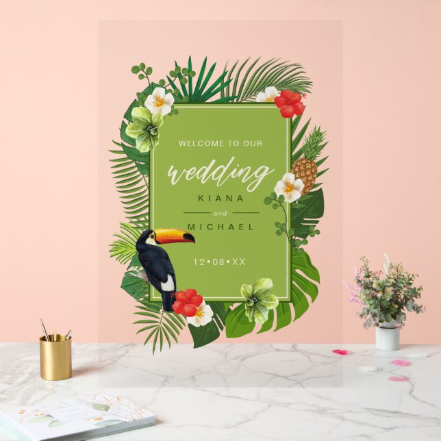 Watercolor Tropical Wedding Welcome Green ID577 Acrylic Sign (Wedding)