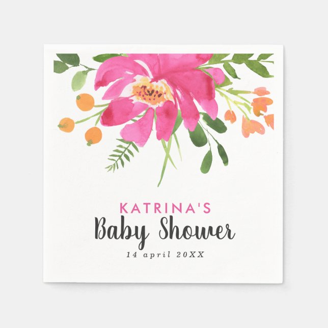 Watercolor Tropics Pink and Orange Baby Shower  Napkin (Front)