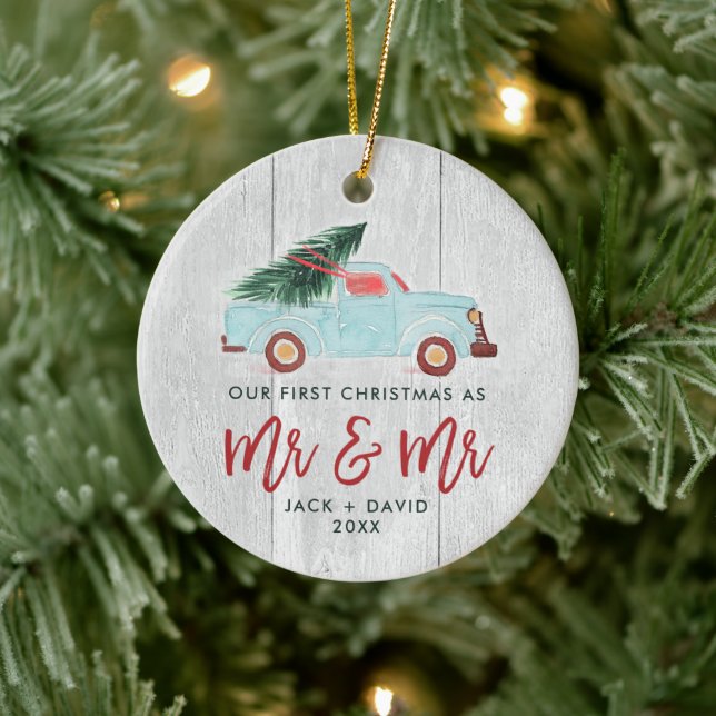 Watercolor Truck Personalized Mr & Mr Wedding Ceramic Ornament (Tree)