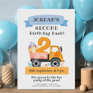 Watercolor truck second birthday party with cute invitation