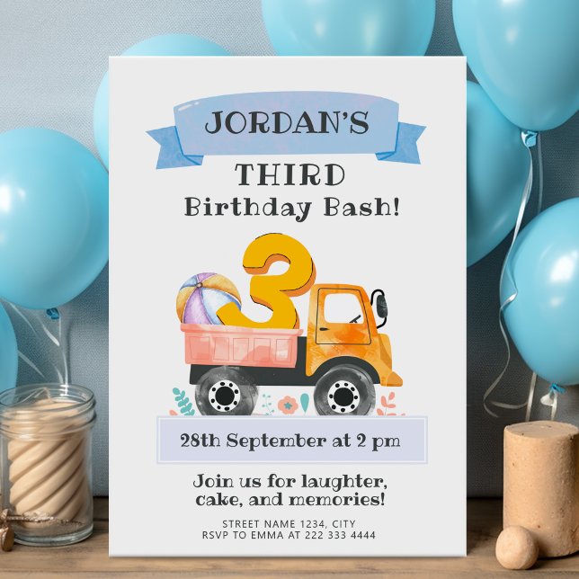 Watercolor truck third birthday party with playful invitation (Creator Uploaded)