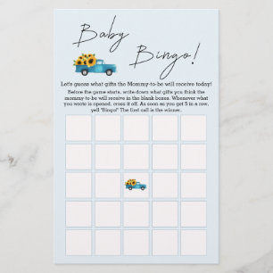 Watercolor Truck with Sunflower Baby Bingo Game