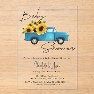 Watercolor Truck with Sunflowers Baby Shower Acrylic Invitations