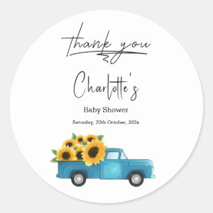 Watercolor Truck With Sunflowers Baby Shower Classic Round Sticker