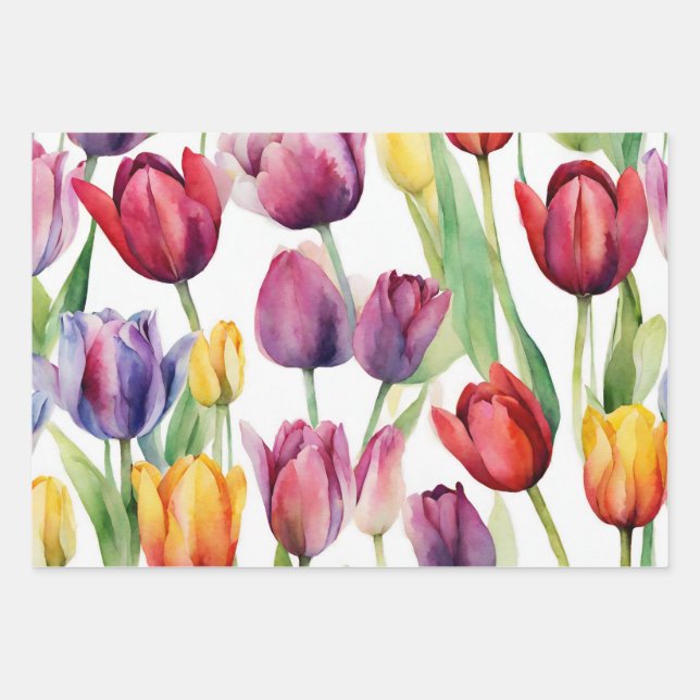 Watercolor Tulip Flowers Any Occasion  Wrapping Paper Sheet (Front)