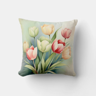 Watercolor Tulip Garden On Sage Green Throw Pillow