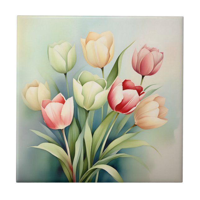 Watercolor Tulip Garden On Sage Green Tile (Front)