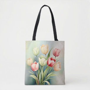 Watercolor Tulip Garden On Sage Green Tote Bag