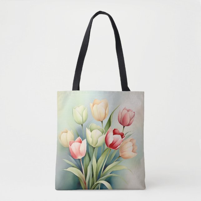 Watercolor Tulip Garden On Sage Green Tote Bag (Front)