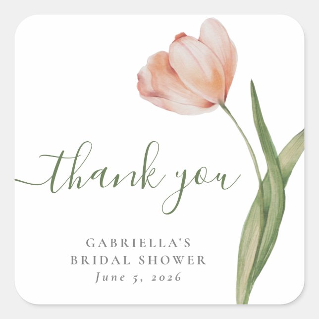  Watercolor Tulip Green Bridal Shower Thank You Square Sticker (Front)