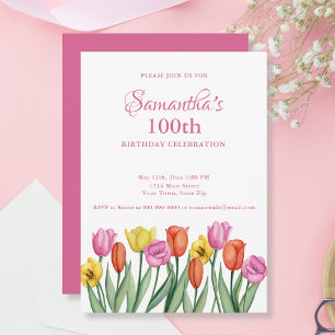 Watercolor Tulips 100th Birthday Party Invitation