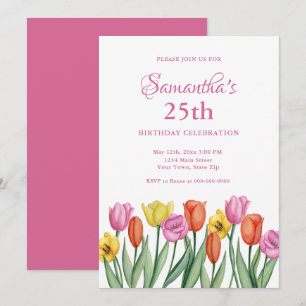 Watercolor Tulips 25th Birthday Invitation