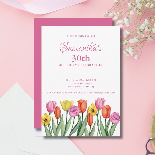 Watercolor Tulips 30th Birthday Party Invitation (Creator Uploaded)