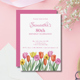 Watercolor Tulips 80th Birthday Party Invitation