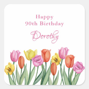 Watercolor Tulips 90th Birthday Party Square Sticker