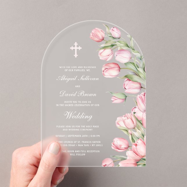 Watercolor Tulips Arch Wedding Acrylic Invitations (Insitu (Handheld))