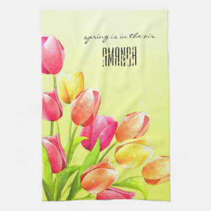 Watercolor Tulips Bouquet Monogram Kitchen Towel