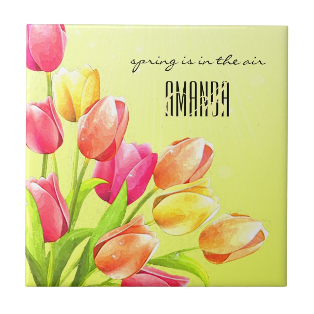 Watercolor Tulips Bouquet Monogram Tile (Front)