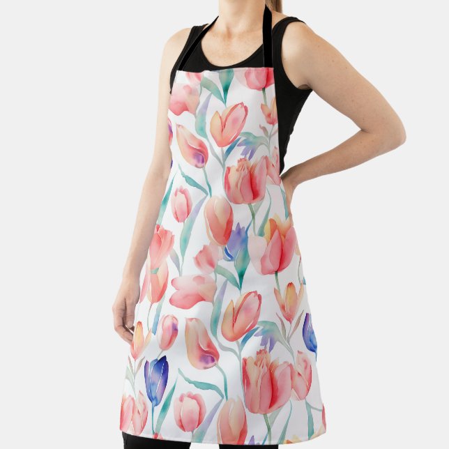 Watercolor Tulips Pattern All-Over Print Apron (Insitu)