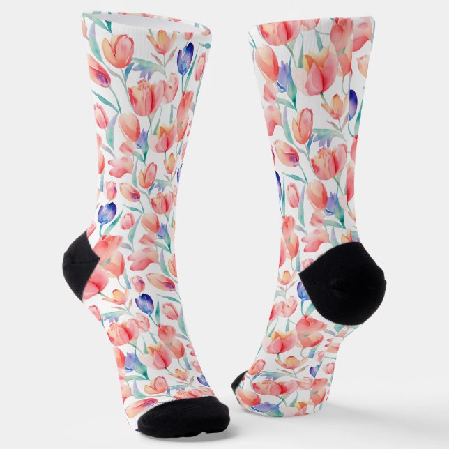 Watercolor Tulips Pattern Crew Socks (Angled)
