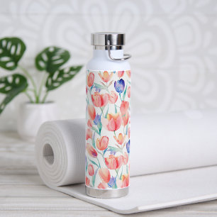 Watercolor Tulips Pattern Water Bottle