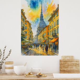 Watercolor Turin Italy Poster – Mole Antonelliana 