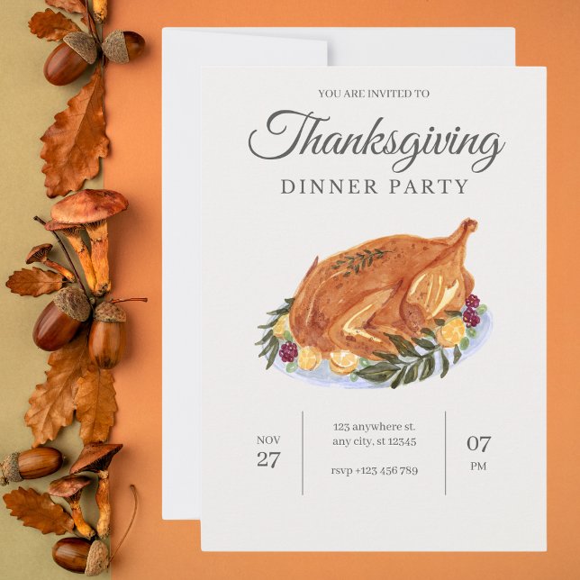 Watercolor Turkey Thanksgiving Dinner Invitation (Creator Uploaded)