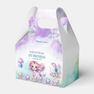 Watercolor turquoise and purple mermaid birthday favor box