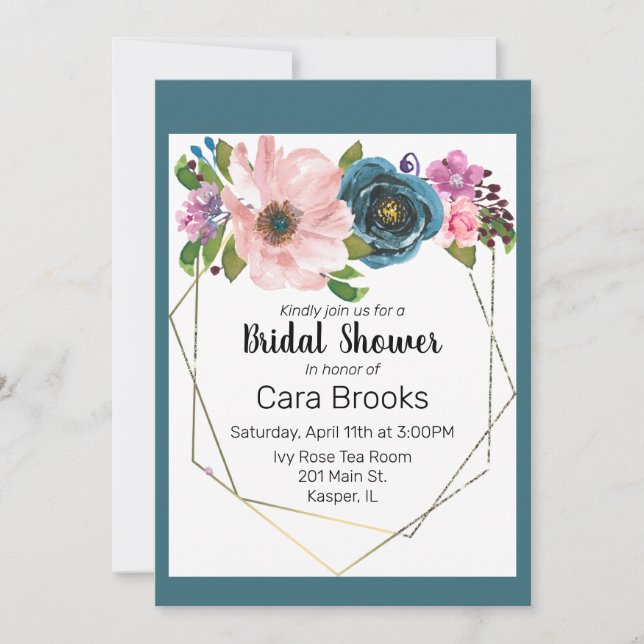Watercolor Turquoise Blue Purple Floral Gold Frame Invitation (Front)