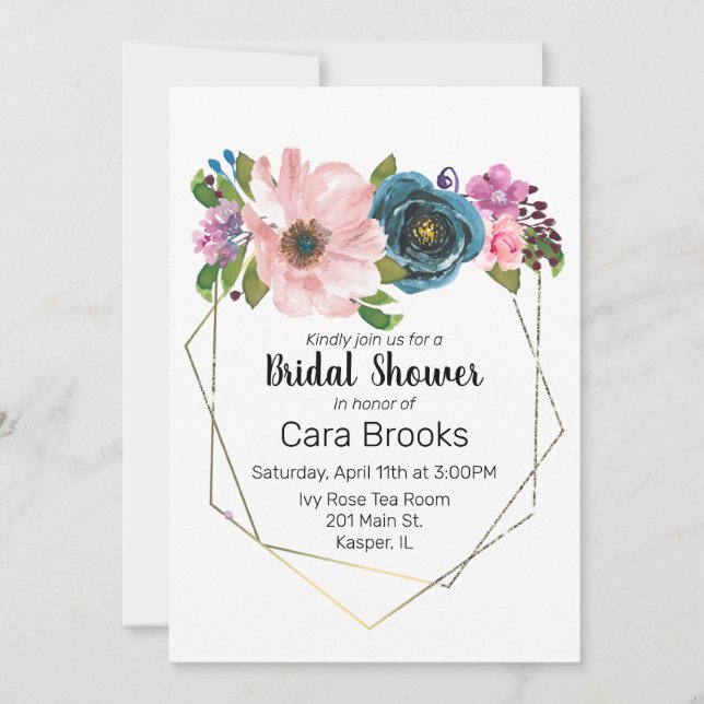 Watercolor Turquoise Blue Purple Floral Gold Frame Invitation (Front)