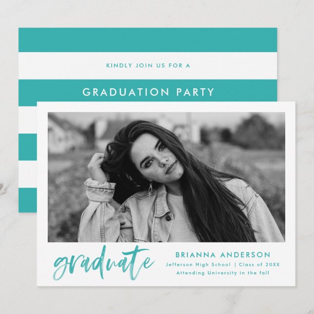 Watercolor Turquoise Brush Script Graduation Party Invitation (Front/Back)