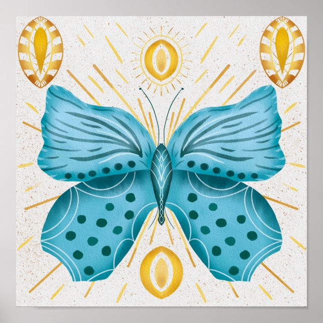 Watercolor Turquoise Butterfly Sun Celestial  Poster (Front)