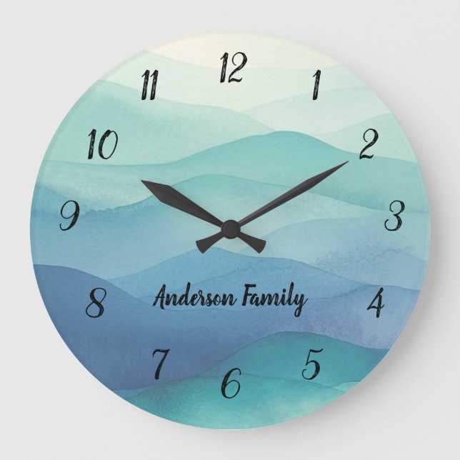 Watercolor Turquoise Navy Blue Ombre Waves Numbers Large Clock (Front)