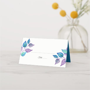 Watercolor Turquoise Purple Foliage Wedding Place Card