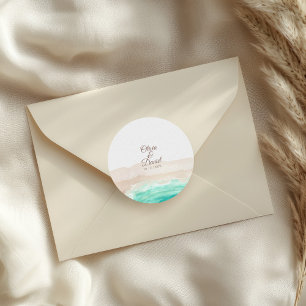 Watercolor Turquoise Sandy Beach Wedding  Classic Round Sticker