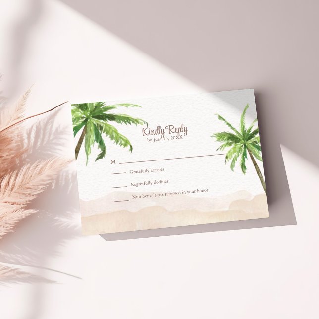 Watercolor Turquoise Sandy Beach Wedding RSVP Card (Watercolor Turquoise Sandy Beach Wedding RSVP Card on a sunny table with pampas grass.)