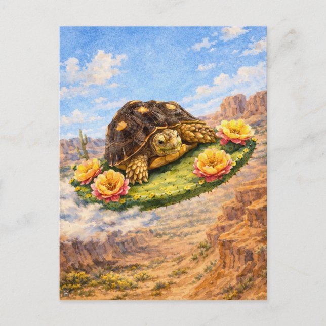 Watercolor Turtle flying on a magic cactus pad Postcard (Front)