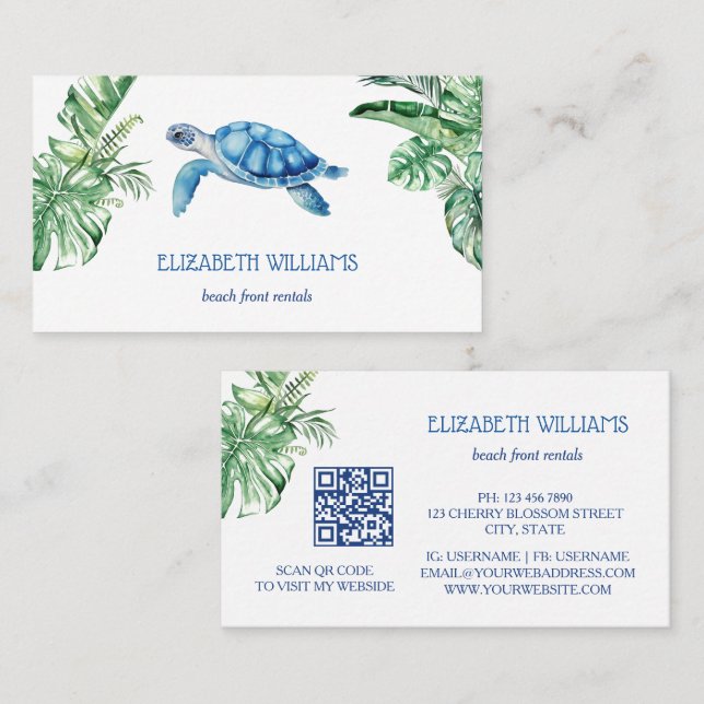 Watercolor Turtle Tropical Leaves Business Card (Front/Back)
