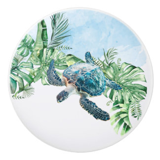  Watercolor Turtle Tropical Leaves Ceramic Knob