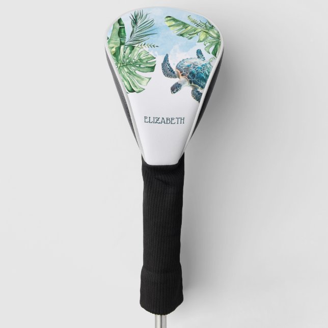  Watercolor Turtle Tropical Leaves Golf Head Cover (Front)
