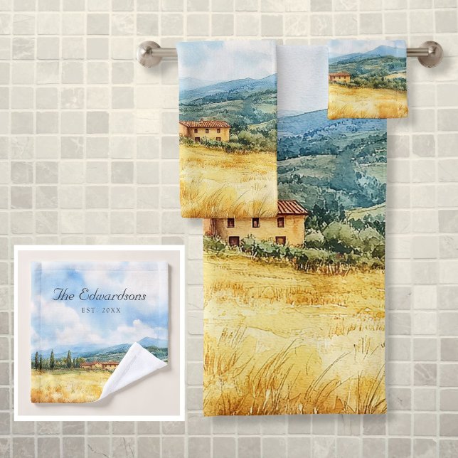 Watercolor Tuscan Mediterranean Family Name Bath Towel Set (Watercolor Tuscan Mediterranean Family Name Bath Towel Set)