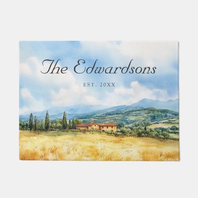 Watercolor Tuscan Mediterranean Family Name Doormat (Front)