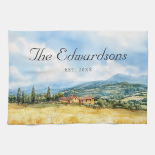 Watercolor Tuscan Mediterranean Family Name Kitchen Towel
