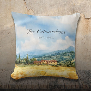 Watercolor Tuscan Mediterranean Family Name Throw Pillow
