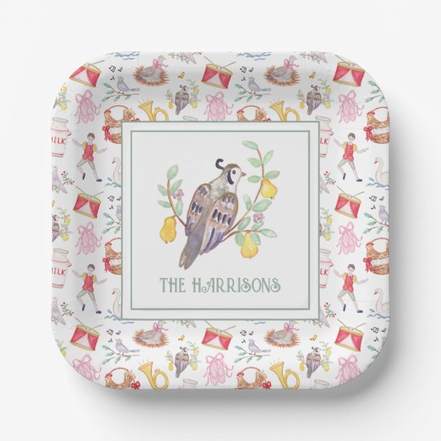 Watercolor Twelve Days of Christmas Personalized Paper Plate (Front)